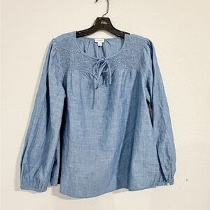 j.crew Denim tie-neck smocked top
 Long Sleeve Women's Top